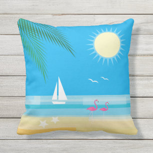 Tropical Beach with Flamingos on Blue - Outdoor Outdoor Pillow