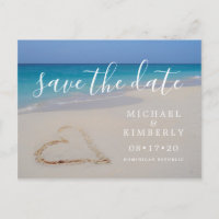 Tropical Beach with Heart Wedding Save the Date Announcement Postcard