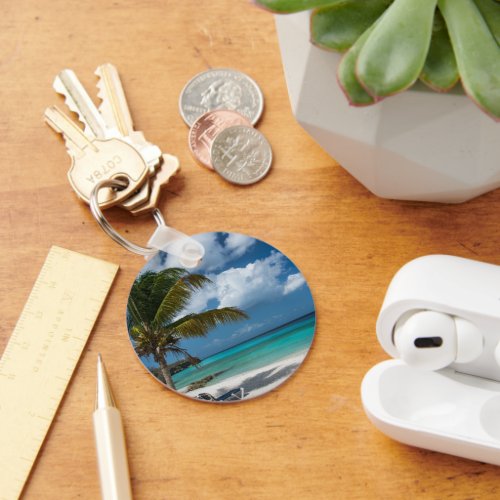 Tropical Beach with Palm Tree Keychain