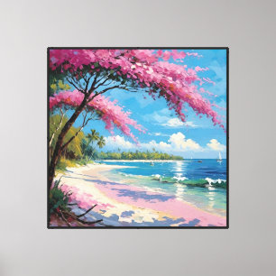 Tropical Beach with Palm Trees and Blossoming Tree Canvas Print