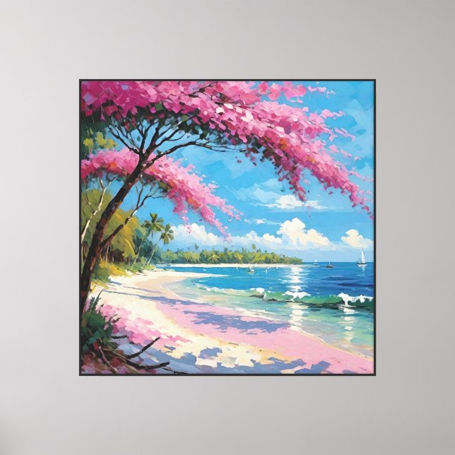 Tropical Beach with Palm Trees and Blossoming Tree Canvas Print (Front)