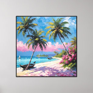 Tropical Beach with Palm Trees and Boats Abstract Canvas Print
