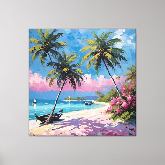 Tropical Beach with Palm Trees and Boats  Abstract Canvas Print (Front)