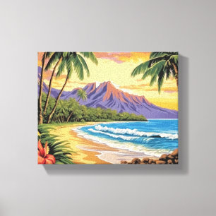 Tropical Beach with Palm Trees and Flowers Canvas Print