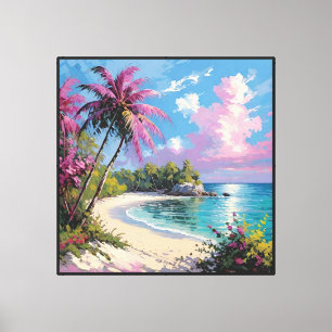 Tropical Beach with Palm Trees and Pink Blossoms Canvas Print