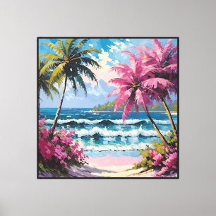 Tropical Beach with Palm Trees and Pink Blossoms Canvas Print