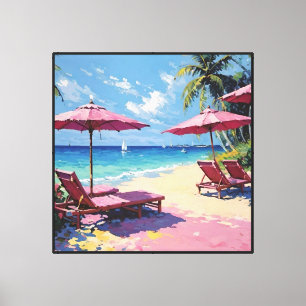 Tropical Beach with Palm Trees and Pink Umbrellas Canvas Print