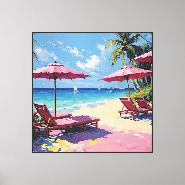 Tropical Beach with Palm Trees and Pink Umbrellas  Canvas Print (Front)