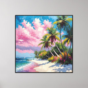 Tropical Beach with Palm Trees and Sailboats Canvas Print