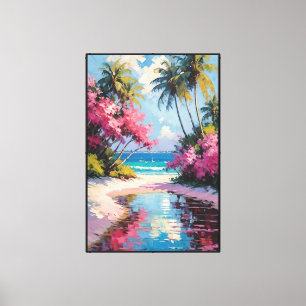 Tropical Beach with Palm Trees and Sailboats Canvas Print