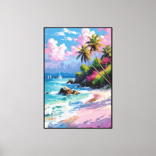 Tropical Beach with Palm Trees and Sailboats Canvas Print