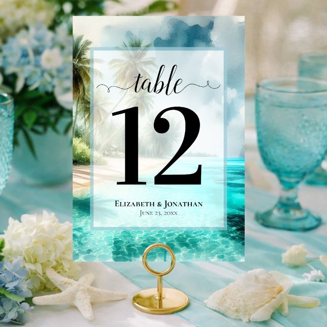 Tropical Beach with Palm Trees Elegant Wedding Table Number (Each Number must be customized individually)