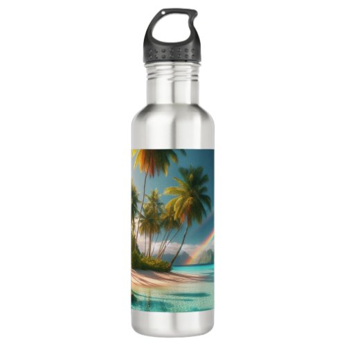 Tropical Beach With Rainbow And Palm Trees Stainless Steel Water Bottle