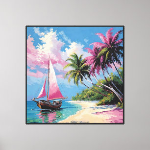Tropical Beach with Sailboat and Palm Trees Canvas Print