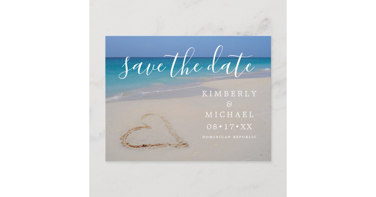 Tropical Beach with Sand Heart Save the Date Announcement Postcard | Zazzle