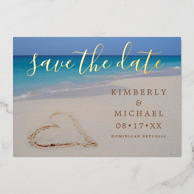 Tropical Beach with Sand Heart Save the Date Foil Invitation (Front)