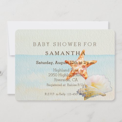 Tropical Beach with Starfish and Conch baby shower Invitation