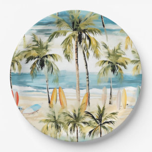 Tropical Beach with Surfboards Paper Plates