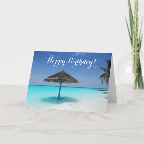 Tropical Beach with Thatched Umbrella Birthday Card