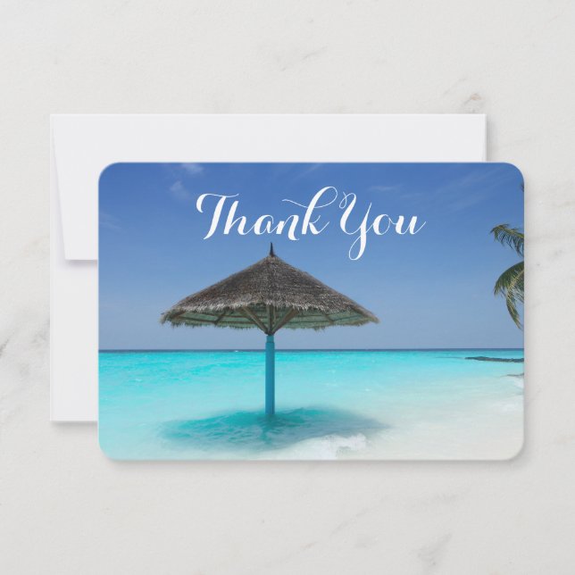 Tropical Beach with Thatched Umbrella Thank You Card (Front)