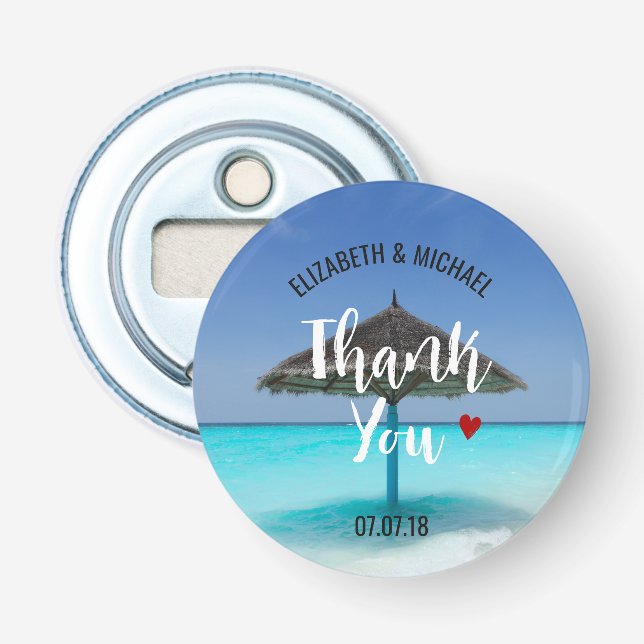 Tropical Beach with Thatched Umbrella Wedding Bottle Opener (Front)