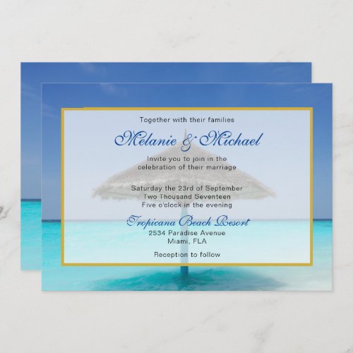 Tropical Beach with Thatched Umbrella Wedding Invitation