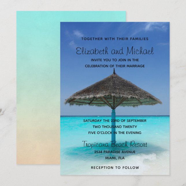 Tropical Beach with Thatched Umbrella Wedding Invitation (Front/Back)