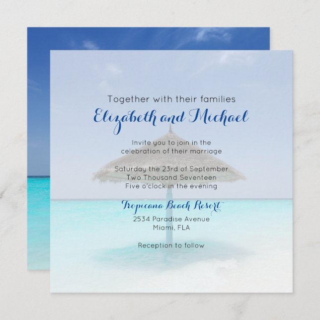 Tropical Beach with Thatched Umbrella Wedding Invitation (Front/Back)