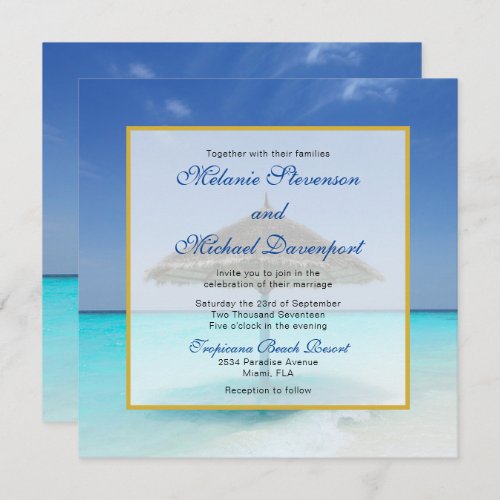 Tropical Beach with Thatched Umbrella Wedding Invitation