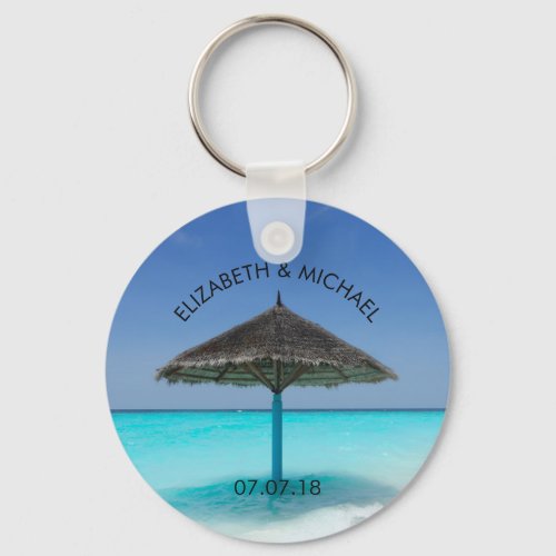 Tropical Beach with Thatched Umbrella Wedding Keychain