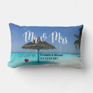 Tropical Beach with Thatched Umbrella Wedding Lumbar Pillow
