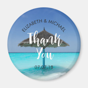 Tropical Beach with Thatched Umbrella Wedding Magnet