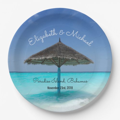 Tropical Beach with Thatched Umbrella Wedding Paper Plates