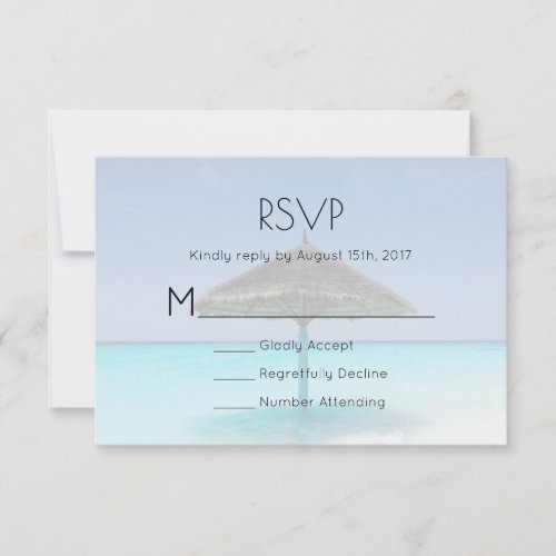 Tropical Beach with Thatched Umbrella Wedding RSVP