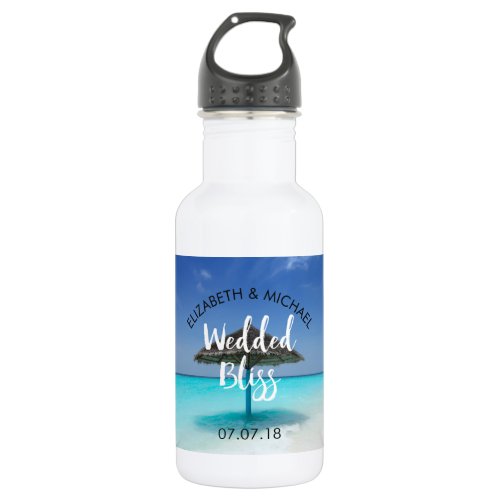 Tropical Beach with Thatched Umbrella Wedding Stainless Steel Water Bottle