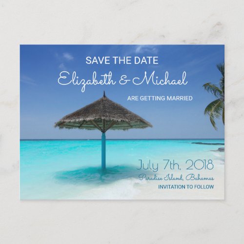 Tropical Beach with Thatched Umbrella Wedding STD Announcement Postcard