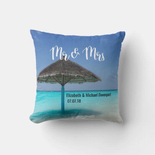 Tropical Beach with Thatched Umbrella Wedding Throw Pillow