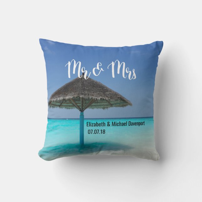 Tropical Beach with Thatched Umbrella Wedding Throw Pillow (Front)