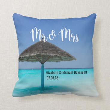 Tropical Beach with Thatched Umbrella Wedding Throw Pillow Tropical Beach with Thatched Umbrella Wedding Throw Pillow