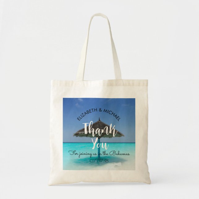 Tropical Beach with Thatched Umbrella Wedding Tote Bag (Front)