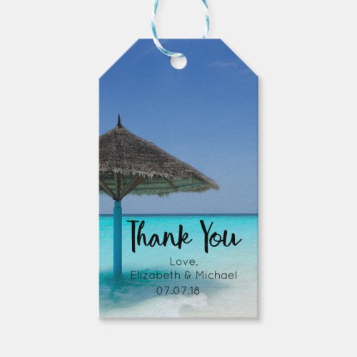 Tropical Beach with Umbrella Wedding Thanks Gift Tags