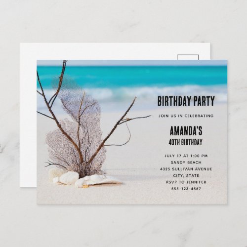 Tropical Beach with White Seashells Birthday Invitation Postcard