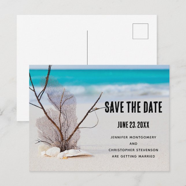 Tropical Beach with White Seashells Save the Date Invitation Postcard (Front/Back)