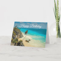 Tropical Beach with Wind Swept Palm Trees Birthday