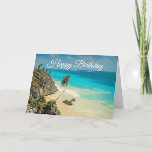 Tropical Beach with Wind Swept Palm Trees Birthday Card