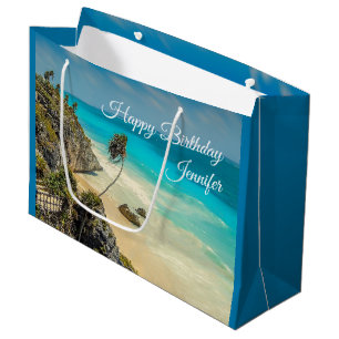 Tropical Beach with Wind Swept Palm Trees Birthday Large Gift Bag