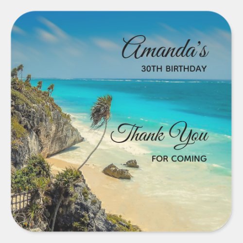 Tropical Beach with Wind Swept Palm Trees Birthday Square Sticker