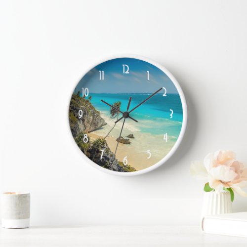 Tropical Beach with Wind Swept Palm Trees Clock