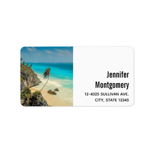 Tropical Beach with Wind Swept Palm Trees Label