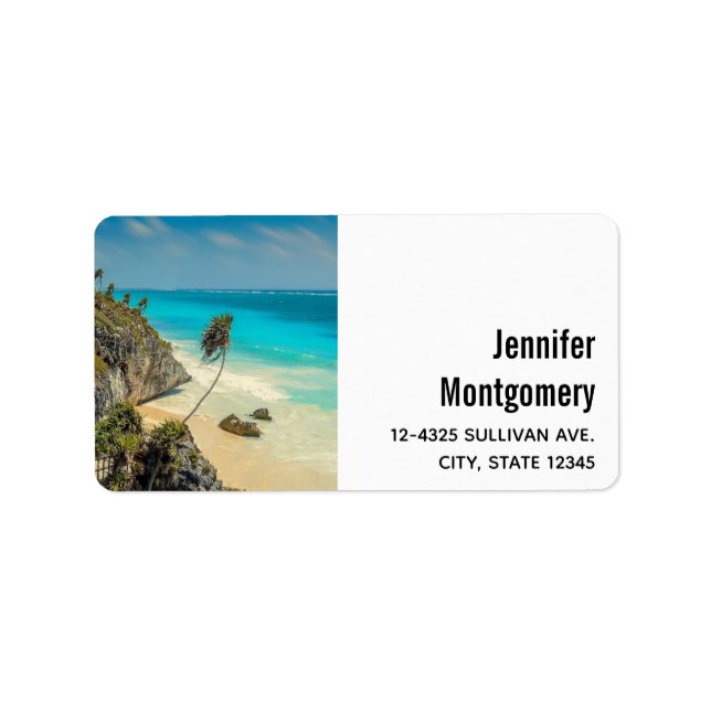 Tropical Beach with Wind Swept Palm Trees Label (Front)